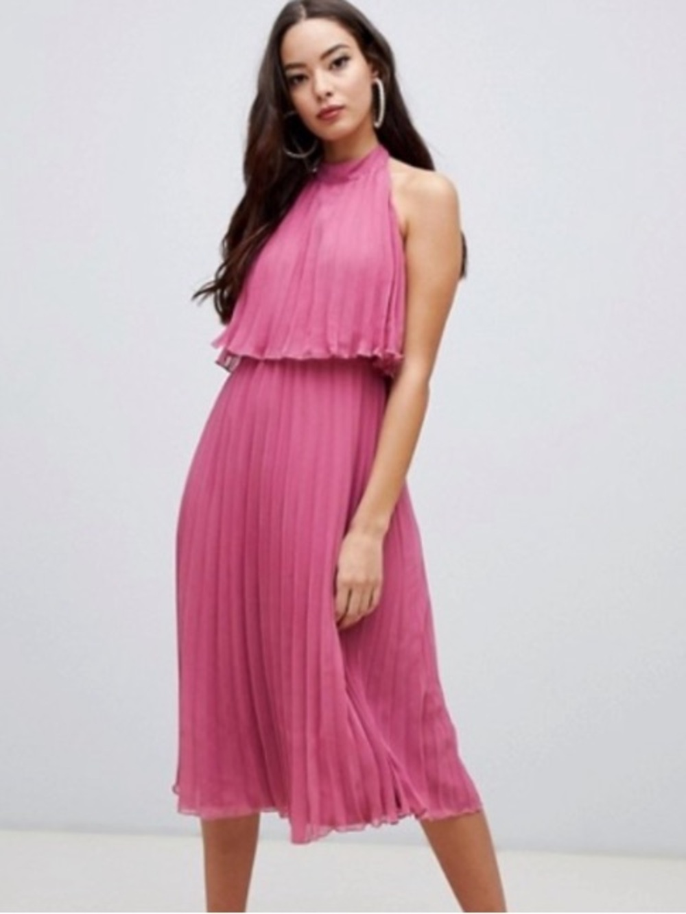 ASOS Pleated Halter Midi Dress in Dusty Rose Pink